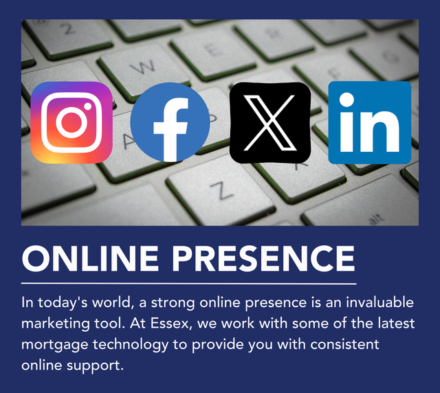 Shows Essex's online presence: Facebook, Instagram, X, LinkedIn